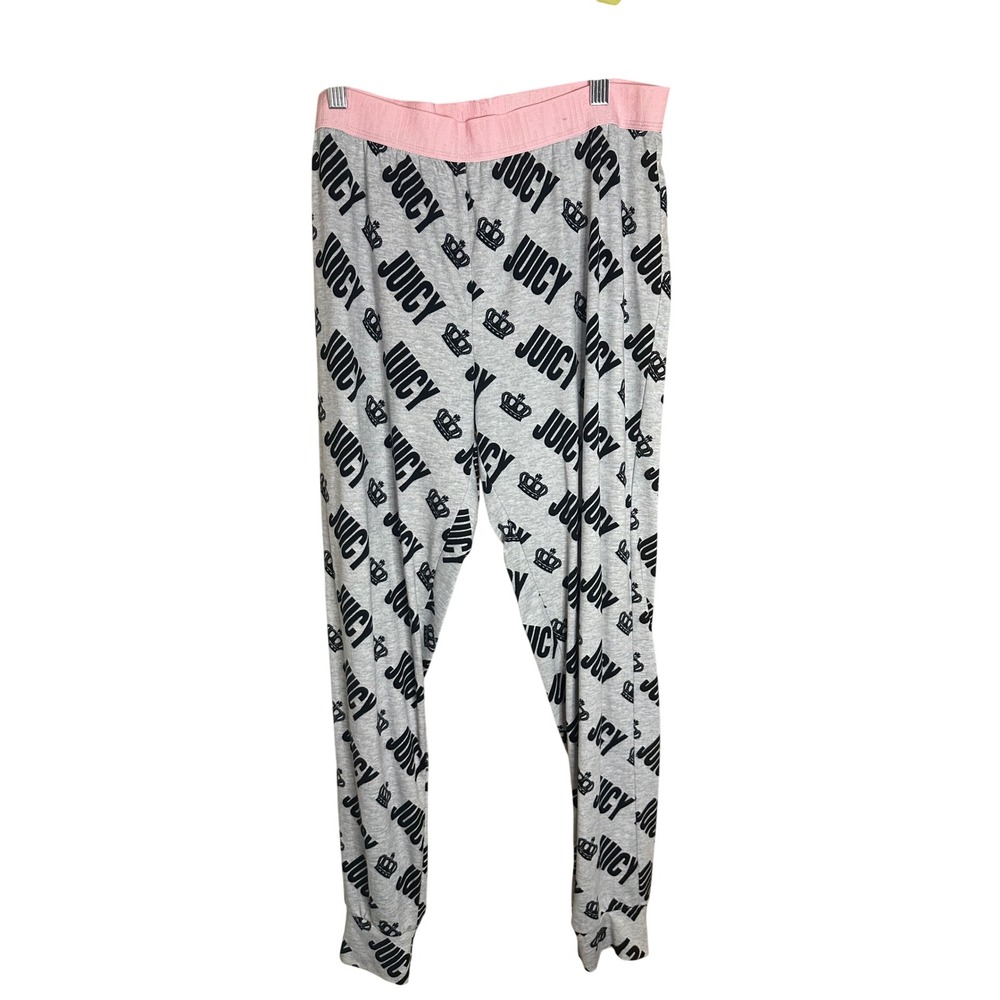 Juicy by Juicy Couture Gray Logo Print Pajama Jogger Pants Pink Waistband Medium
